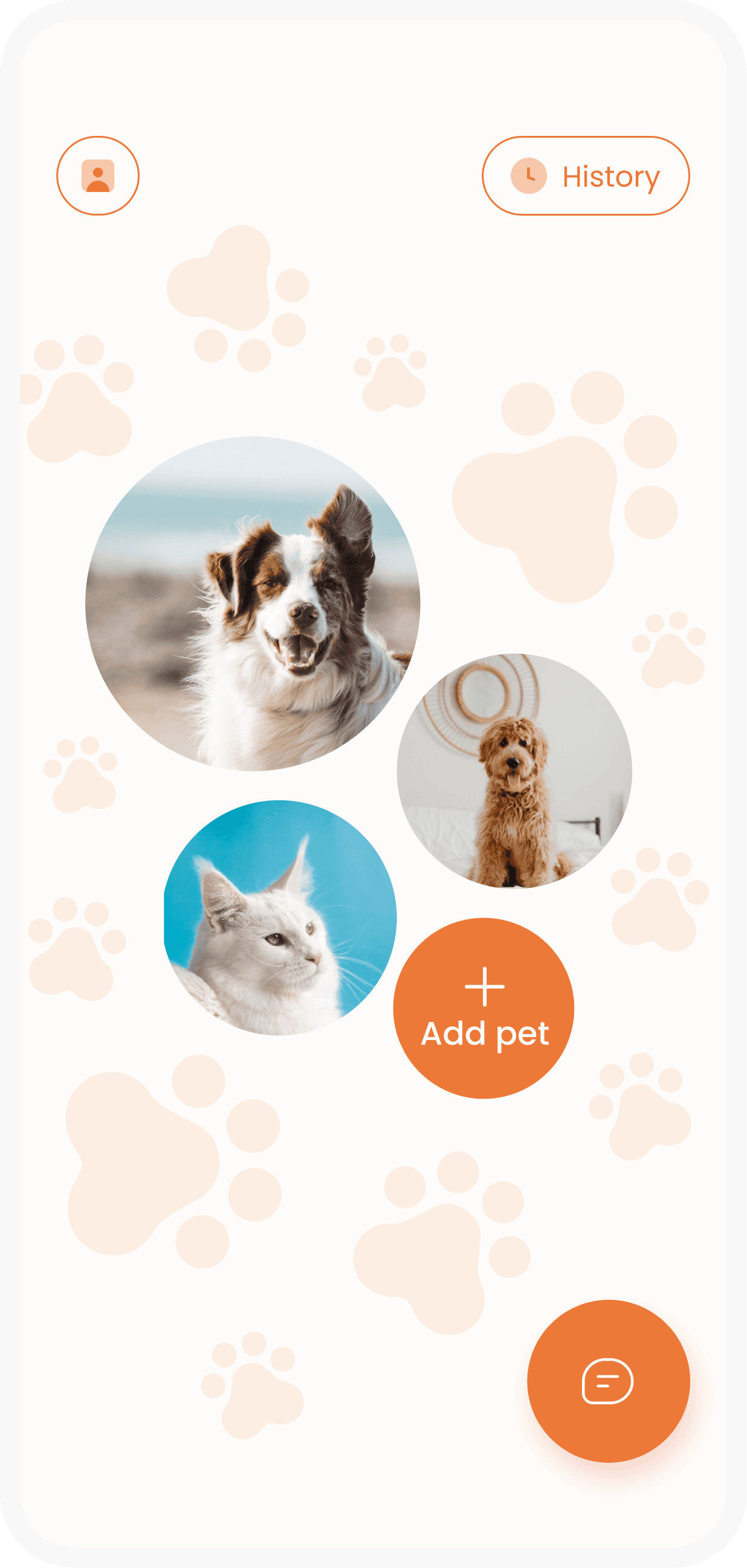 Petmate AI home screen with pet profiles